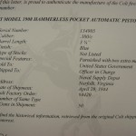 SOLD - EXCEPTIONAL US NAVY ISSUED US WW2 COLT 1908 GENERAL OFFICERS PISTOL....NEW IN BOX!!! WITH COLT LETTER