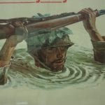 sold ORIGINAL 1944 US WW2 COMMUNITY WAR FUNDS POSTER........"HE'S UP TO HIS NECK, TOO.....