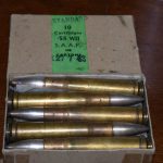 SOLD EXTREMELY RARE ORIGINAL 1943 DATED 10 ROUND BOX OF .55 ARMOR PIERCING ROUNDS FOR THE BOYS ANTI-TANK RIFLE