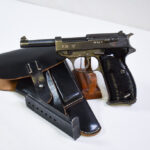 Sold - RARE MAUSER svw 45 P.38 PISTOL, DUAL TONE FINISH, “e” BLOCK END OF WAR NAZI ISSUE, FULL RIG WITH RARE gxy 1945 DATED HOLSTER, MINT CRISP!