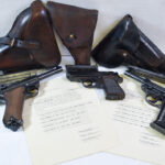 SOLD FANTASTIC!  3 NAZI WW2 PISTOLS ON CAPTURE PAPERS GROUPING, byf 42 P.08 LUGER RIG-MINT CRISP, WALTHER PPK MILITARY WaA359 RIG-MINT CRISP, 1944 cyq P.38 RIG-VERY NICE! ALL ON ONE SET OF CAPTURE PAPERS!