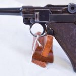 SOLD, EXCEPTIONAL GERMAN WW2 1940 DATED 42 CODE P.08 LUGER PISTOL, MATCHING MAG & ULTRA RARE RED KRIEGHOFF GRIPS, FOUND ON ONLY 1%, MINT CRISP STUNNING!