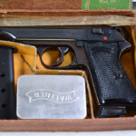 SOLD TUE JAN 12, 1940 WALTHER PP PISTOL, MINT NEW IN MATCHING ORIGINAL BOX WITH ALL THE GIBLETS!