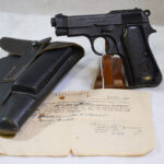 SOLD BERETTA MODEL 1935 PISTOL, 1944 GERMAN ARMY ISSUE WITH “4UT” PROOF, WITH CAPTURE PAPERS & HOLSTER, VERY SHARP!