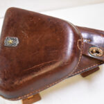 SOLD EARLY STYLE TAN CLAMSHELL TYPE 14 NAMBU HOLSTER, WITH NAVAL BADGE NICE!