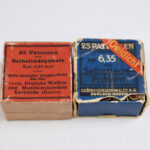 Sold  2 EXTREMELY RARE FULL BOXES OF 1930’S GERMAN 6.35MM (.25 AUTO) AMMUNITION, ONE DWM BOX UN-OPENED!