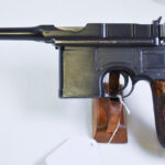 SOLD ,RARE WIEMAR/NAZI POLICE “RED 9” CHOPPED MAUSER BROOMHANDLE PISTOL, CITY POLICE MINDEN, MINT SHARP!