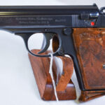 SOLD  WALTHER PPK PISTOL, 1941 EARLY WARTIME COMMERCIAL VARIANT, LAST OF THE HIGH GRADE FINISHED GUNS, MINT CRISP WITH FINGER REST MAG!