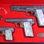SOLD MAGNIFICENT 1967 BROWNING RENAISSANCE 3 PISTOL CASED SET, SILVER COIN FINISH, THE PREMIER FN/BROWNING OFFERING, STUNNING MINT NEW CONDITION!