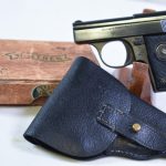 SOLD ADORABLE TINY BABY NAZI PISTOL, WALTHER MODEL 9, WITH BOX AND IN MILITARY HOLSTER, SO CUTE!