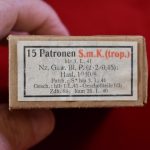 TUE SEPT 21, VERY RARE 15 ROUND BOX OF 1941 GERMAN WWII 7.92 MAUSER (8X57) TROPICAL AMMUNITION, USED IN THE DESERT BY THE AFRIKA CORPS!
