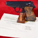 SOLD, WALTHER PPK PISTOL, 1939 EARLY WARTIME COMMERCIAL VARIANT, LAST OF THE HIGH GRADE FINISHED GUNS, MINT CRISP WITH CAPTURE PAPERS!