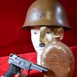 SOLD FANTASTIC DOCUMENTED WAR TROPHY GROUPING FROM IWO JIMA, MINT CRISP TYPE 94 PISTOL, JAPANESE ARMY HELMET AND CANTEEN, VERY RARE GROUP FROM IWO!