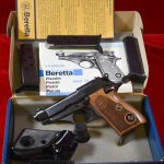SOLD BERETTA MODEL 70 PISTOL, 1985 PRODUCTION, .380 AUTO MINT IN BOX WITH 3 EXTRA MAGS AND AN EXTRA SET OF DELUXE GRIPS