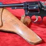 SOLD OKTOBERFEST SALE! US WWII EARLY 1942 PRODUCTION SMITH & WESSON PRE-VICTORY/M&P REVOLVER, VERY RARE 5 INCH .38 SPECIAL, WITH RARE BOYT 43 5 INCH HOLSTER, MINT CRISP!