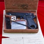 SOLD DOCUMENTED, RARE, VERY EARLY & IMPORTANT 1929 WALTHER PP PISTOL, IN THE 1st THOUSAND MADE, ALL EARLY FEATURES, LIKE NEW IN BOX WITH CAPTURE PAPERS TOO!