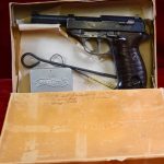 SOLD, VERY RARE WALTHER ac45 P.38, B BLOCK ALL MATCHING, LIBERATED FROM THE FACTORY IN ULTRA RARE LATE WAR WALTHER P.38 BOX WITH THE GIBLETS & VET NAMED!