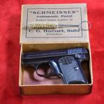 SOLD, VERY SCARCE & NEW IN BOX, MODEL 1920 SCHMEISSER VEST POCKET PISTOL, .25acp, MADE BY C.G. HAENEL, MINT NEW UNFIRED WITH ALL THE GIBLETS!