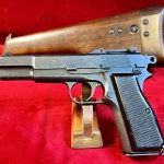SOLD NON-IMPORT, CANADIAN/BRITISH ISSUE WWII INGLIS MK1∗ BROWNING HIGH POWER PISTOL, TANGENT SIGHT & SLOTTED 4th CHINESE CONTRACT, WITH ORIGINAL SHOULDER STOCK, VERY SHARP!