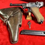 SOLD GERMAN WWII, MAUSER byf41 P.08 BROWN WIDOW LUGER, FULL RIG WITH RARE PIGSKIN HOLSTER, ALL YOU NEED IN A NAZI LUGER!