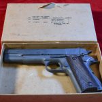 SOLD MINT NEW IN THE ORIGINAL BOX US WWII REMINGTON RAND M1911A1 US ARMY SERVICE PISTOL, JULY 1945, LAST MONTH OF PRODUCTION, OUTSTANDING!