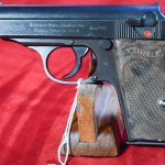 SOLD EXCEPTIONAL 1942 WALTHER PPK PISTOL, NAZI POLICE EAGLE/C MARKED, RARE GRAY GRIP, MINT NEW STUNNING EXAMPLE!