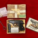SOLD, STUNNING, NEW UNFIRED IN THE FACTORY ORIGINAL MATCHING BOX - FANTASTIC WWll VET BROUGHT BACK WALTHER PPK POLICE “EAGLE C” BLACK GRIP 1942 PRODUCTION!