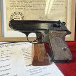 SOLD EXCEPTIONAL WALTHER PPK POLICE EAGLE C…WITH CAPTURE PAPERS! 1942 PRODUCTION WITH BEAUTIFUL RARE GREY GRIP!!!