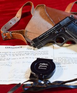 SOLD THU MAY 29, EXTREMELY RARE, 1942 ITALIAN AIRFORCE MARKED, MODEL 1934 BERETTA PISTOL, WITH DOUBLE CAPTURE PAPERS, SHOULDER HOLSTER & GERMAN COMPASS, MINT CRISP STUNNING RIG!