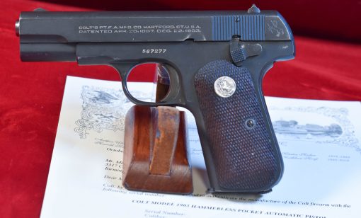 MON JUL 28, RARE US WWII US PROPERTY MARKED 1903 COLT POCKET HAMMERLESS PISTOL, LATE 1944 PRODUCTION, NOT BRITISH PROOFED, MINTY! WITH COLT LETTER TOO! - Image 1