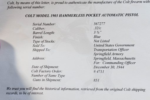 MON JUL 28, RARE US WWII US PROPERTY MARKED 1903 COLT POCKET HAMMERLESS PISTOL, LATE 1944 PRODUCTION, NOT BRITISH PROOFED, MINTY! WITH COLT LETTER TOO! - Image 3