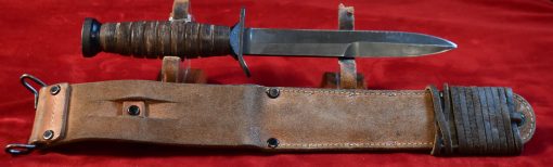 WED JUL 30, US WWII SCARCE 1943 IMPERIAL BLADE MARKED, M3 FIGHTING KNIFE WITH 1943 BARWOOD M6 LEATHER SCABBARD, COLLECTOR GRADE! - Image 4