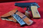 SOLD VERY SCARCE, 1945 WALTHER PP PISTOL, NAZI POLICE EAGLE/F, MATCHING, FULL RIG, WOOD GRIPS, MINT CRISP STUNNING!