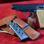 SOLD VERY SCARCE, 1945 WALTHER PP PISTOL, NAZI POLICE EAGLE/F, MATCHING, FULL RIG, WOOD GRIPS, MINT CRISP STUNNING!