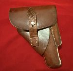 SOLD VERY RARE AKAH DRGM MADE FOR THE WALTHER PPK BROWN LEADING EDGE HOLSTER…RED STITCHING, AND CORRECT HOLSTER FOR NAZI RZM PPK