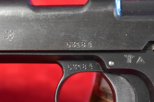 THU AUG 21, SCARCE, STEYR HAHN MODEL 1912 PISTOL, NAZI POLICE “EAGLE/L”, 9m/m PARABELLUM, FULL RIG WITH RARELY SEEN HOLSTER, VERY SHARP! - Image 5