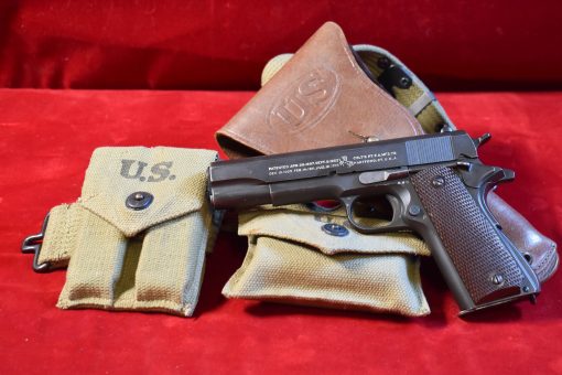 THU AUG 7, EXCEPTIONAL, US WWII COLT 1911A1 ARMY SERVICE PISTOL, JUNE 1943 SHIPMENT, MATCHING SLIDE, 100% CORRECT, MINT CRISP FULL RIG! - Image 1