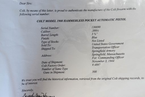 SOLD, EXTREMELY RARE & SELDOM SEEN, US WWII COLT M1908 U.S. PROPERTY MARKED GENERAL OFFICER’S PISTOL, MINT CONDITION! WITH ORIGINAL BOX, GIBLETS & COLT LETTER! - Image 3