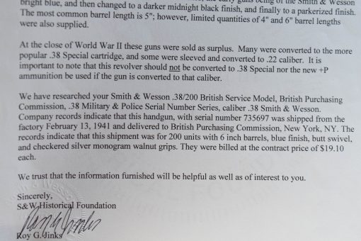 WED AUG 13, VERY SCARCE 6 INCH SMITH AND WESSON 38/200 BRITISH SERVICE MODEL M & P REVOLVER, CANADIAN MILITARY ISSUE, VERY SHARP! WITH SMITH LETTER TOO! - Image 3