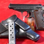 SOLD VERY SCARCE LATE WAR WALTHER PP PISTOL, "RJ" RIECHS JUSTICE MARKED, RARE RED GRIPS, MINT CRISP FULL RIG!