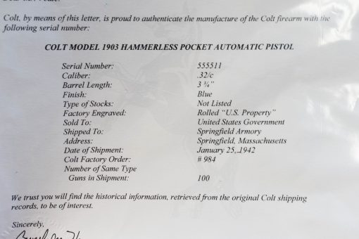 FRI AUG 1, ULTRA RARE & RABIDLY DESIRABLE, US WWII BLUED 1903 COLT POCKET HAMMERLESS PISTOL, “US PROPERTY” VERY EARLY JAN,1942 SHIPMENT, WB CARTOUCHED, VERY SHARP! - Image 3