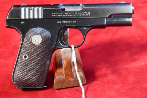 FRI AUG 1, ULTRA RARE & RABIDLY DESIRABLE, US WWII BLUED 1903 COLT POCKET HAMMERLESS PISTOL, “US PROPERTY” VERY EARLY JAN,1942 SHIPMENT, WB CARTOUCHED, VERY SHARP! - Image 4