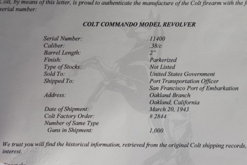 SOLD EXCEPTIONAL & RARE US WWII COLT COMMANDO REVOLVER WITH 2 INCH BARREL, COLT FACTORY LETTER, SHIPPED TO MILITARY INTELLIGENCE, PACIFIC THEATER MARCH,1943, MINT CRISP! - Image 3