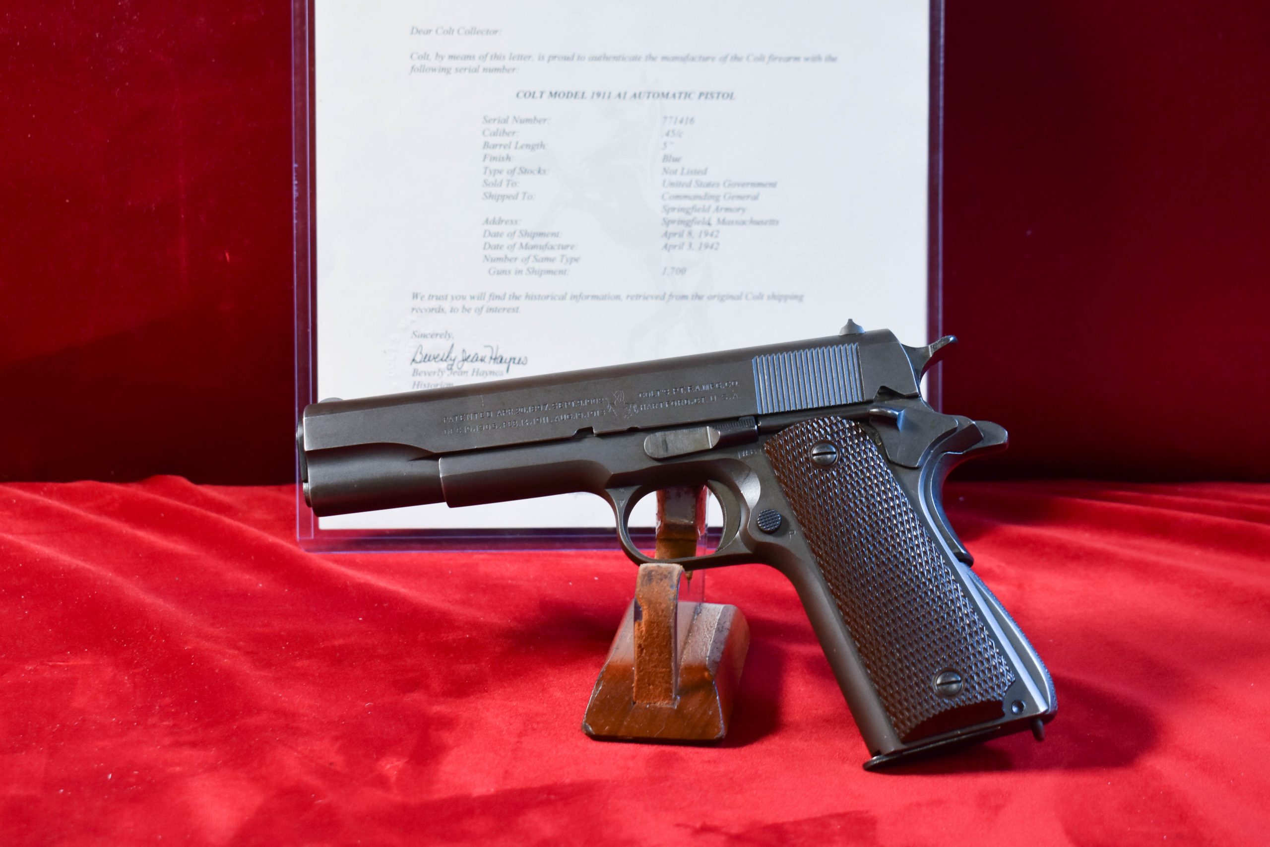 aprilcolt-1 THU APRIL 16, EXCEPTIONAL US WWII COLT 1911A1 US ARMY PISTOL, EARLY MAY, 1942 PRODUCTION, WB CARTOUCHED, MATCHING & 100% ORIGINAL, MINT CRISP! WITH COLT LETTER TOO! - Image 1