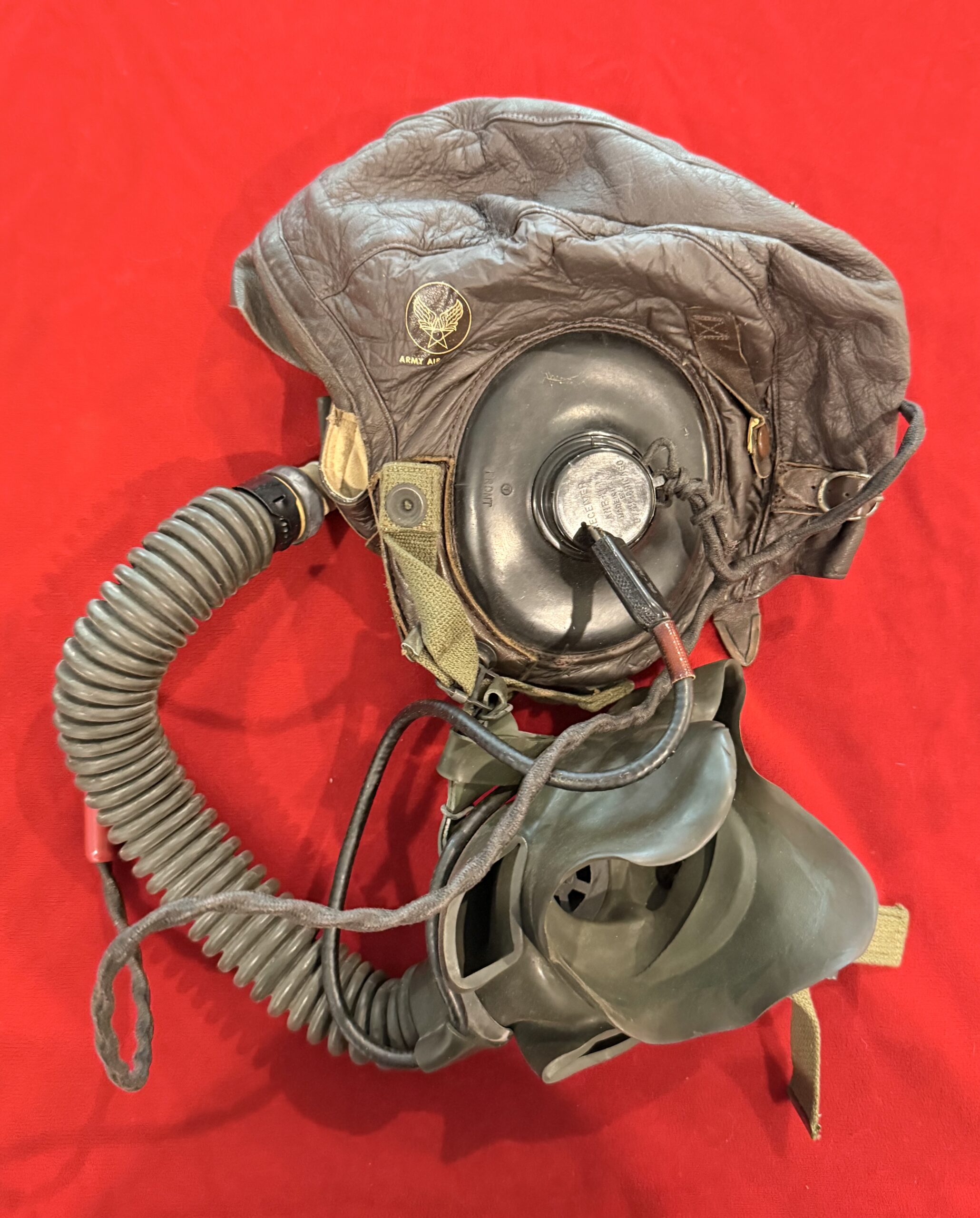 IMG_3182 ORIGINAL US WWII ARMY AIR FORCE 1944 LEATHER FLIGHT HELMET WITH A14 OXYGEN MASK DATED 1944, STILL IN THE ORIGINAL BOX! - Image 1